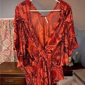 Free People Orange and Black Patterned Top